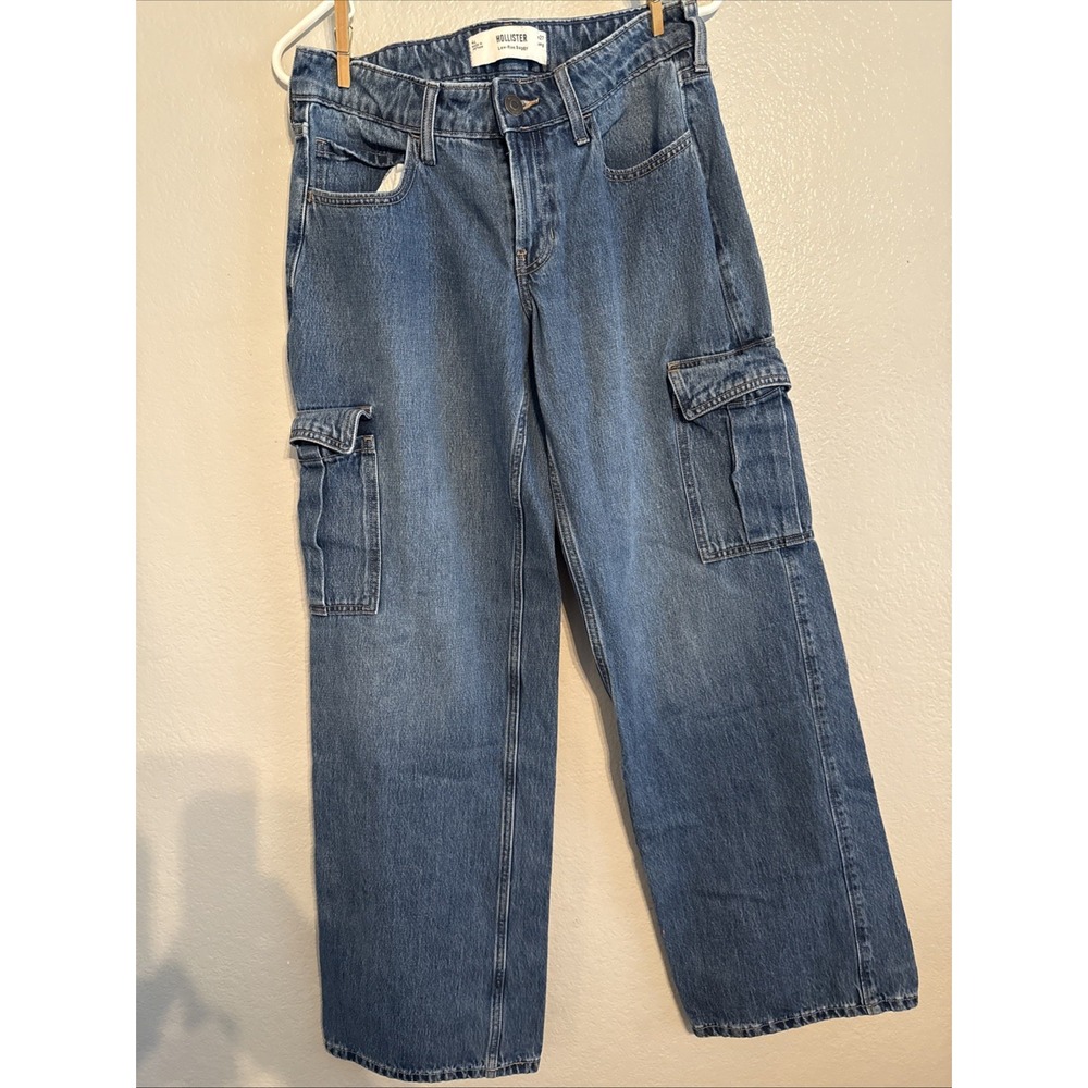 Hollister Low Rise Baggy Cargo Jeans Women's Size 4L W27 Blue Denim Wide Leg